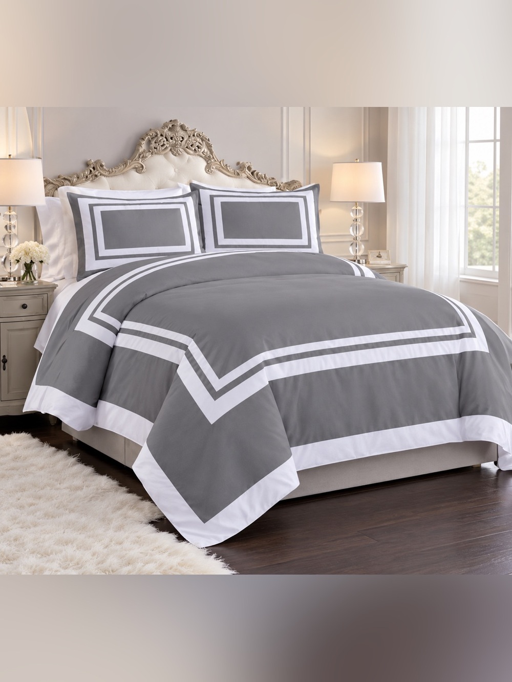 Gray and white 3 piece queen duvet set